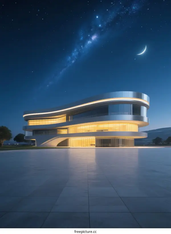 Modern Curved Building with Night Sky and Crescent Moon