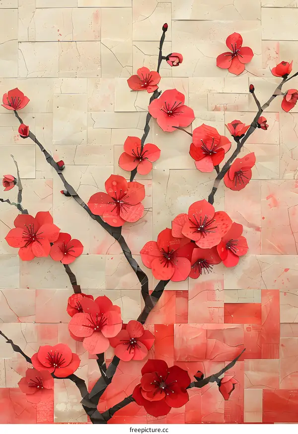 Red Paper Flowers Collage Art