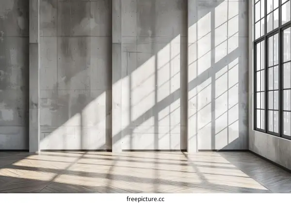 Sunlight shining through a window onto a concrete wall and wooden floor