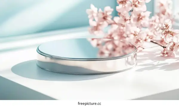 Elegant Silver Display Stand with Pink Cherry Blossoms