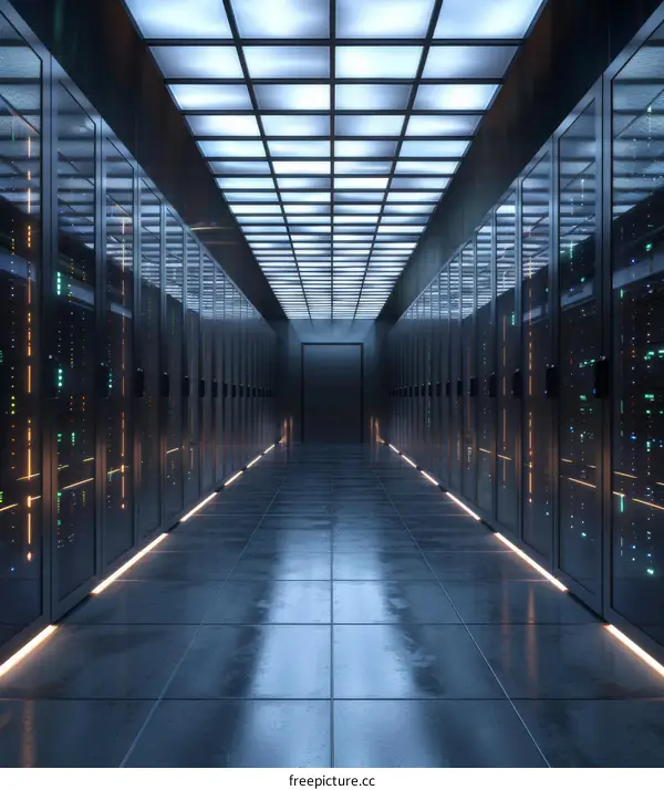 Server Room Interior with Lights and Rows of Cabinets