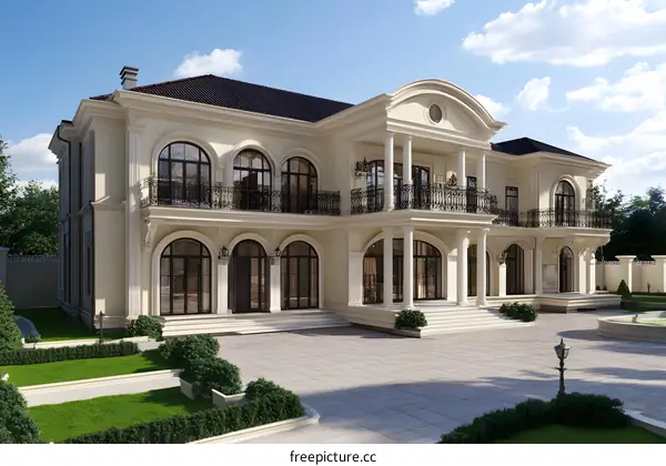 Classic Style Mansion with Large Windows and Balconies