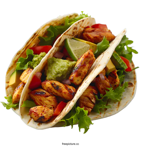 [Transparent Background PNG]Chicken tacos with fresh vegetables and guacamole