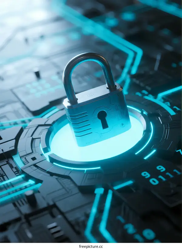 Digital Security Concept with Padlock on Circuit Board Background
