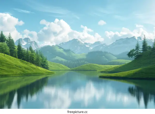 Tranquil Mountain Lake and Rolling Green Hills