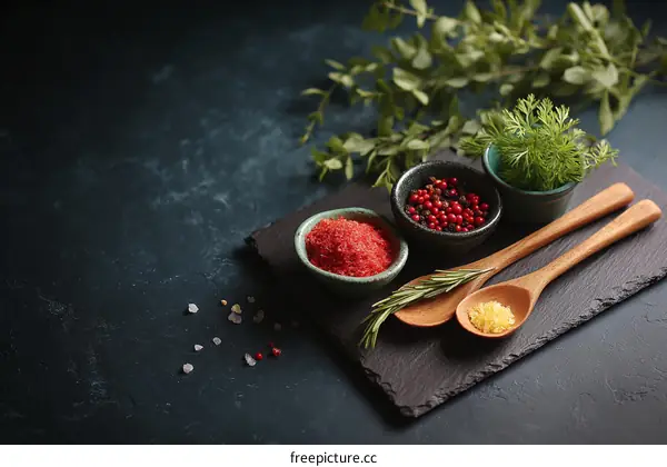 Colorful Spices and Herbs on Dark Background