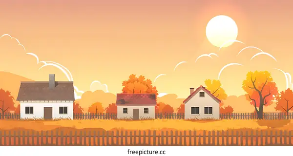 Autumn Sunset Village Landscape Illustration