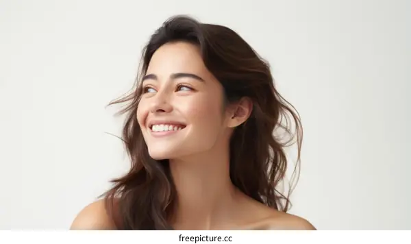 Portrait of a beautiful young woman with brown hair and light makeup smiling and looking away from the camera