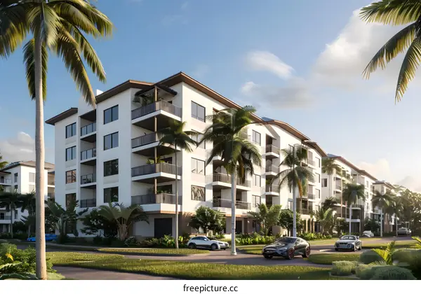 Modern White Apartment Building with Palm Trees and Blue Sky