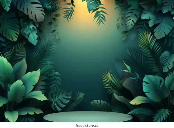 Lush Tropical Rainforest Plant Foliage on Green Circular Platform