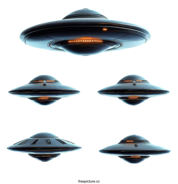 [Transparent Background PNG]Four Different Angles of a Futuristic Flying Saucer