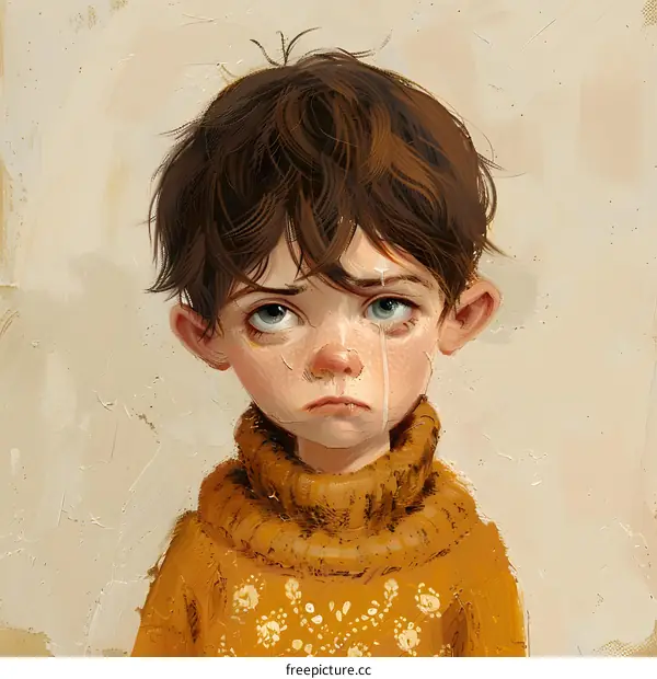 sad boy with brown hair wearing yellow sweater