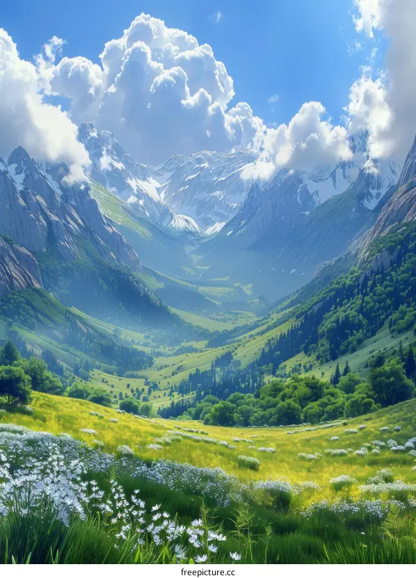 Snow-Capped Peaks Over Verdant Valley