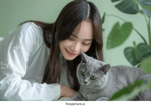 Young Woman Smiling At Her Cat