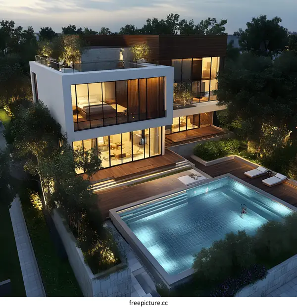 Modern Villa With Pool And Backyard At Night