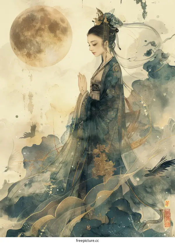 An illustration of a Chinese aristocratic woman in a traditional blue dress.