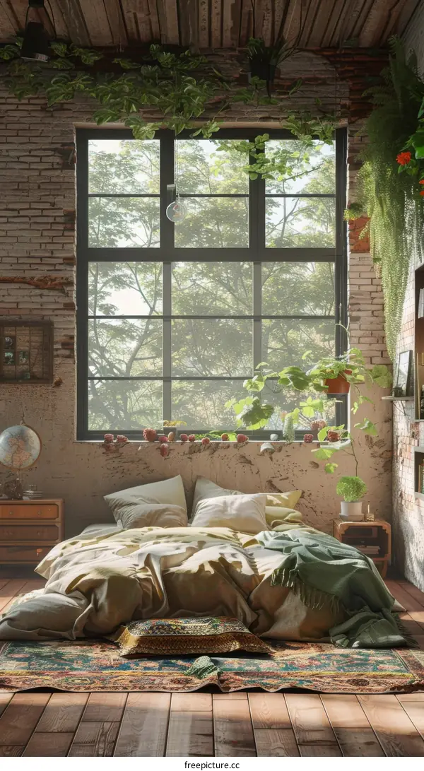 Bohemian Bedroom with Large Window and Greenery