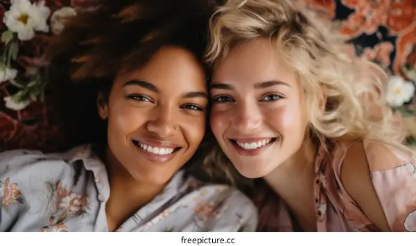 Two young women lying on a flower bed smiling at the camera