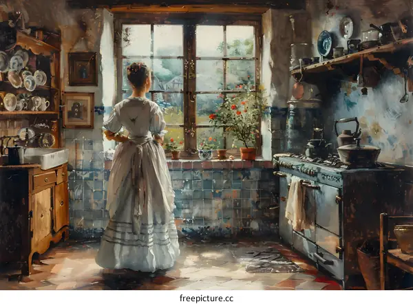 A woman standing in a kitchen looking out the window