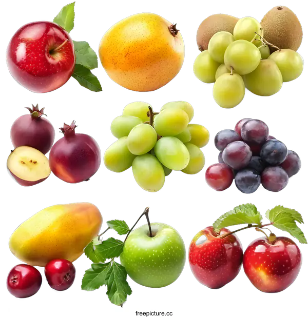 [Transparent Background PNG]Fresh Fruit Collage: Apples, Grapes, Pomegranates, Kiwi and Mango