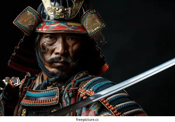 Portrait of a samurai warrior wearing traditional armor and helmet