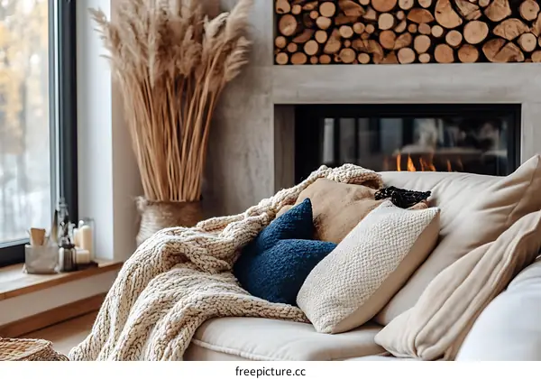 Cozy Living Room with Fireplace and Knitted Throw