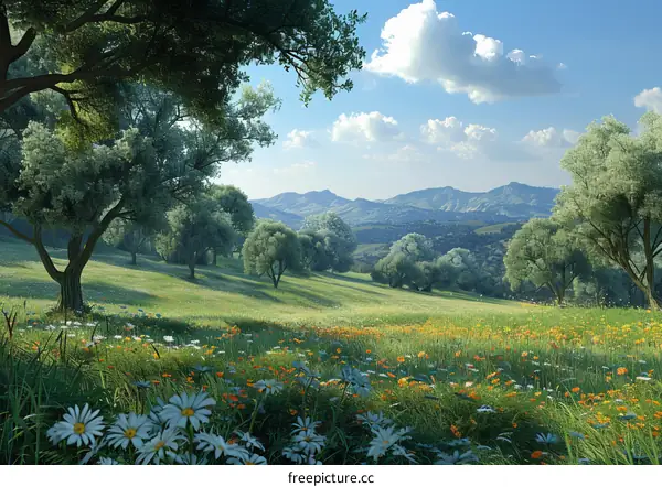 Rolling green hills dotted with wildflowers under a blue sky