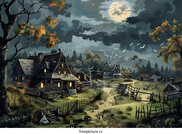 Spooky Halloween Village With Full Moon
