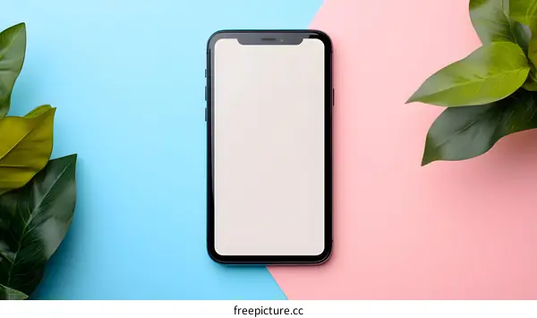 Mockup of a Smartphone with Green Leaves on a Blue and Pink Background