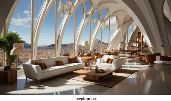 Modern luxury living room interior design with city view