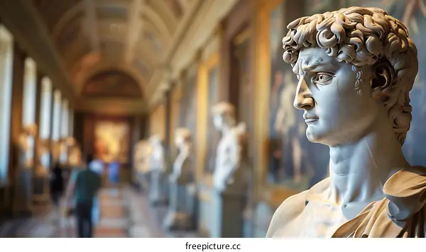 Marble Statue of a Man in a Museum Corridor