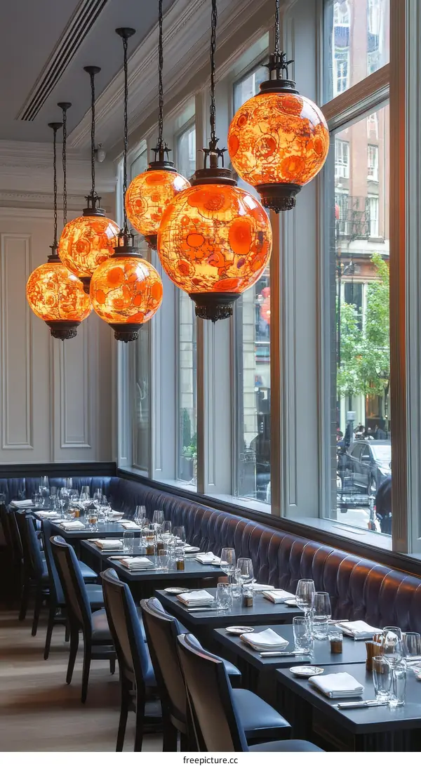 Elegant Restaurant Interior with Stylish Pendant Lamps
