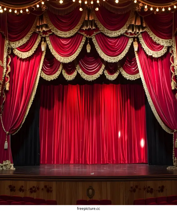 Red Stage Curtains with Gold Trim in a Theatre
