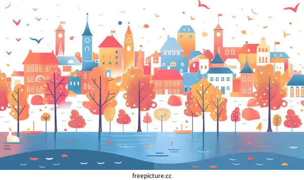 Autumn Cityscape Illustration with Water and Trees