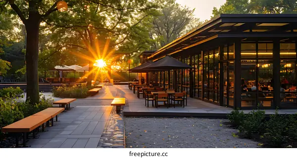 Modern Cafe with Patio Seating Under Sunset Sky