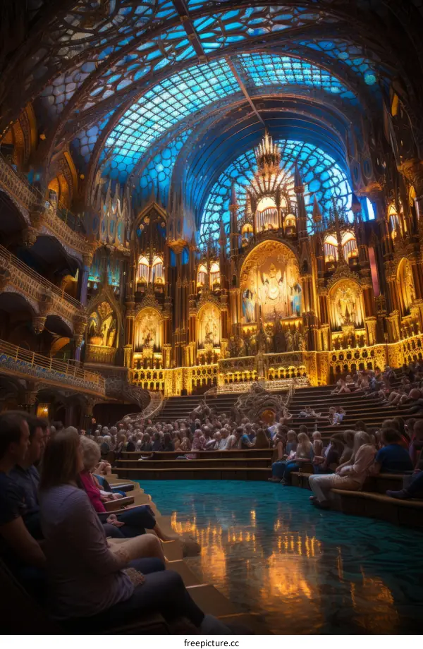 An audience sits in a theater and watches a performance on stage