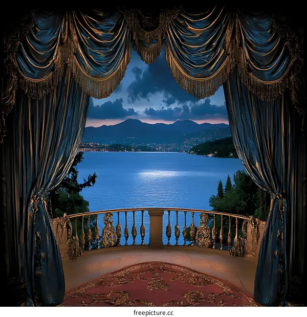Luxury Balcony View With Blue Curtains and Lake Landscape