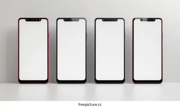 Four smartphones with blank screens