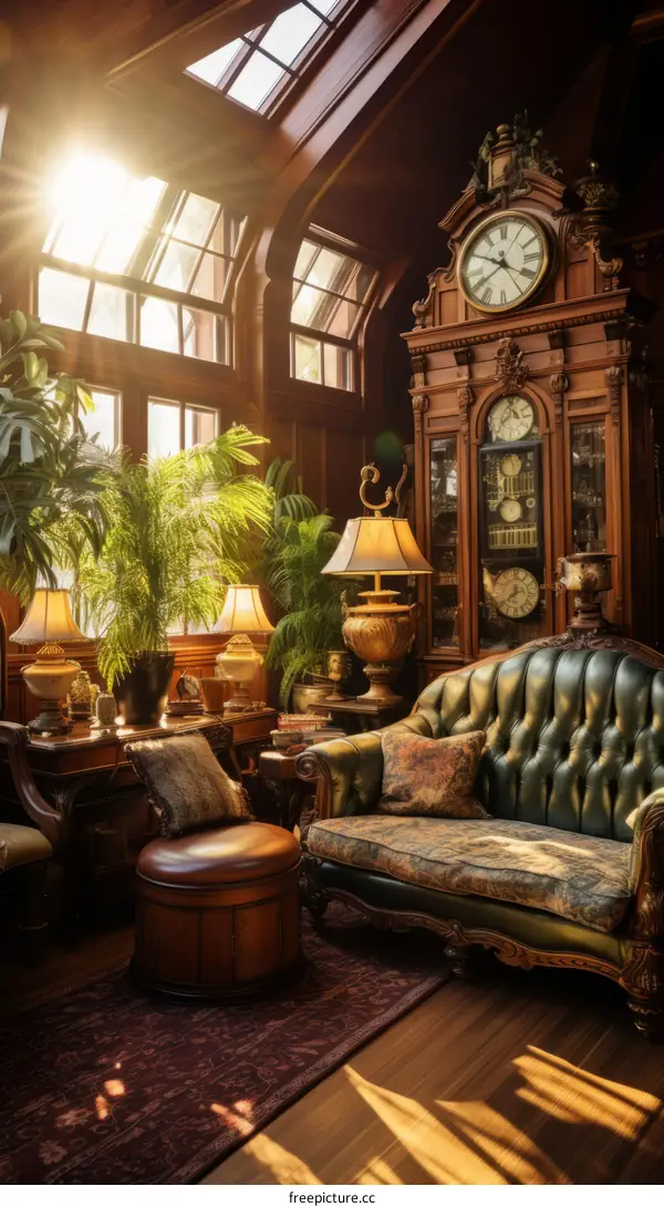 Vintage living room interior with leather furniture and wooden floor