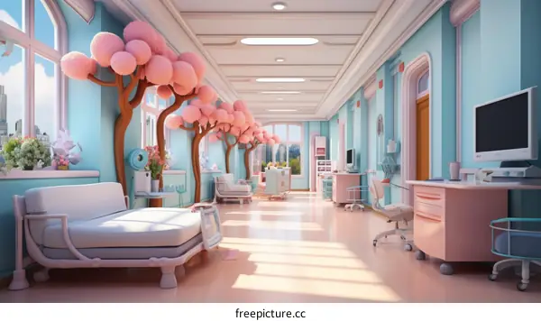 A rendering of a colorful and whimsical hospital room