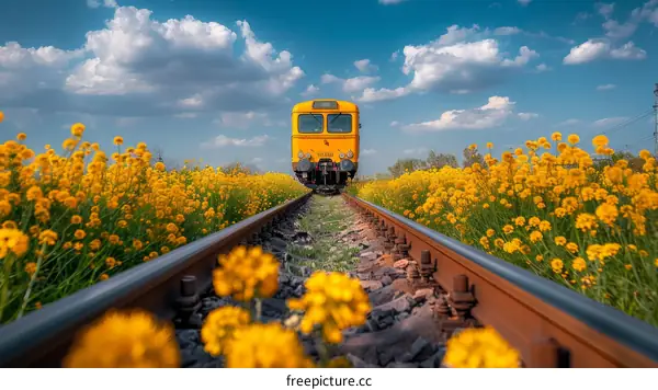 Yellow flowers by the railroad tracks with a train in the distance