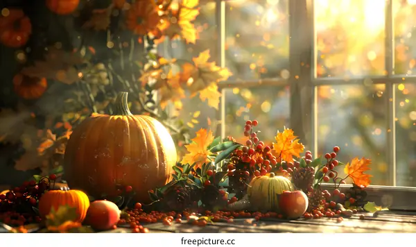 Still life with pumpkin and autumn leaves