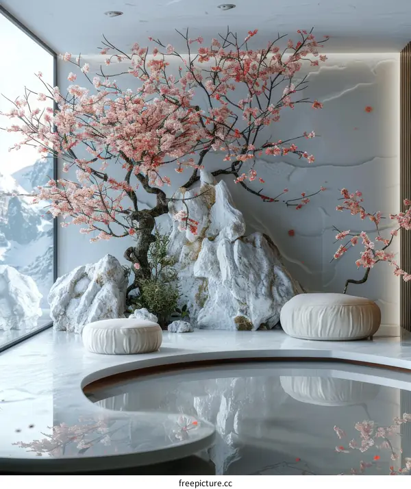 Modern Japanese-Style Interior Design with Cherry Blossoms