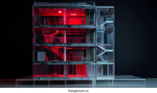 Modern Architectural Model of Building with Red Lighting and Glass Walls