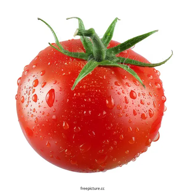 Single red tomato with water drops