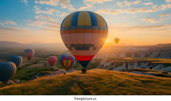 Colorful Hot Air Balloons Flying Over a Hill at Sunset