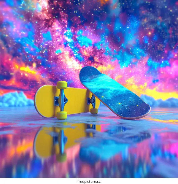 Skateboards on a Reflective Surface with a Colorful Cloudy Sky