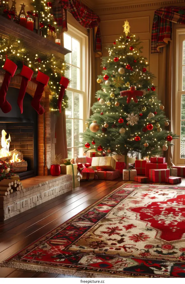 Cozy Christmas Fireplace Scene with Decorated Tree and Presents