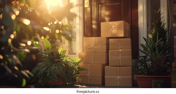 Cardboard boxes stacked outside a door, ready for shipping