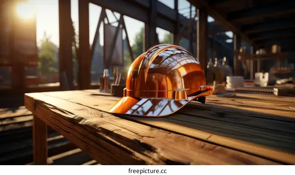 Orange Hard Hat on Wooden Table at Construction Site